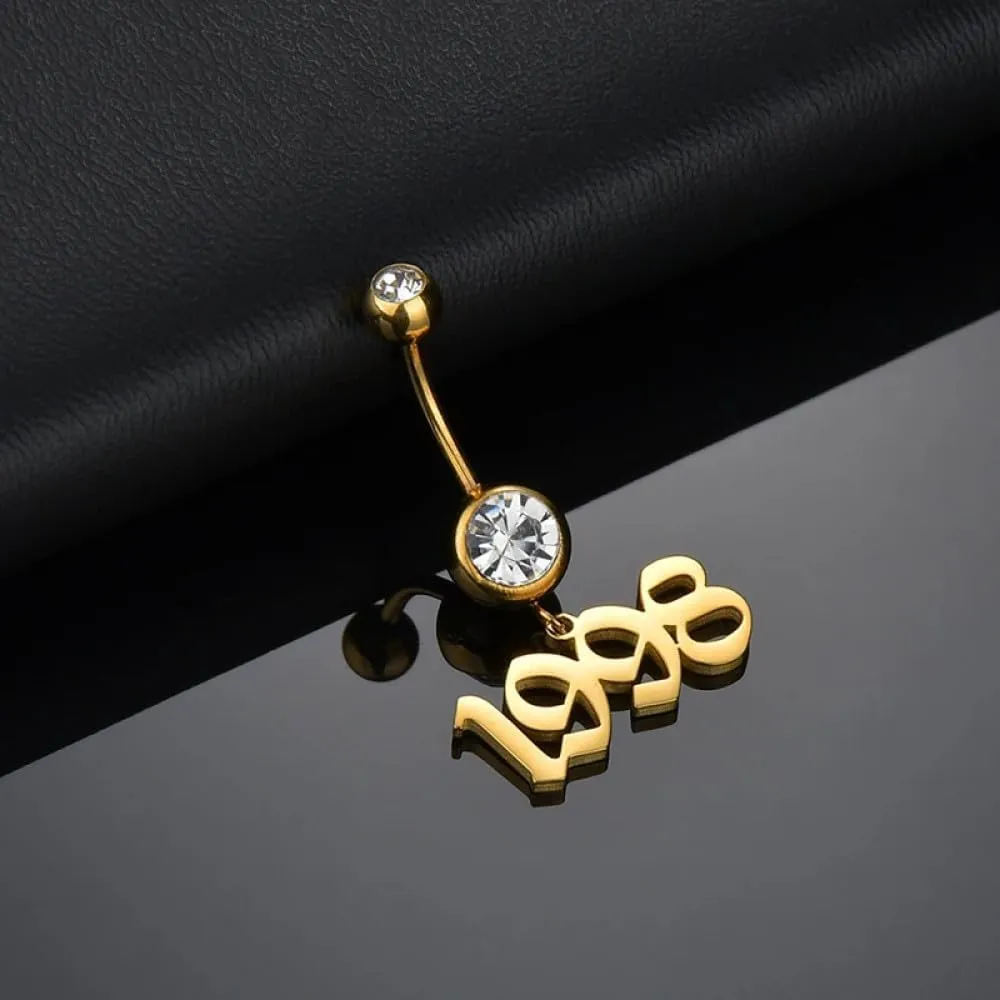 Custom Name Belly Button Ring, Personalized Women's Double Clear Gemstone Belly Button Nail with Name Pendant Charming Zircon Body Piercing Jewelry