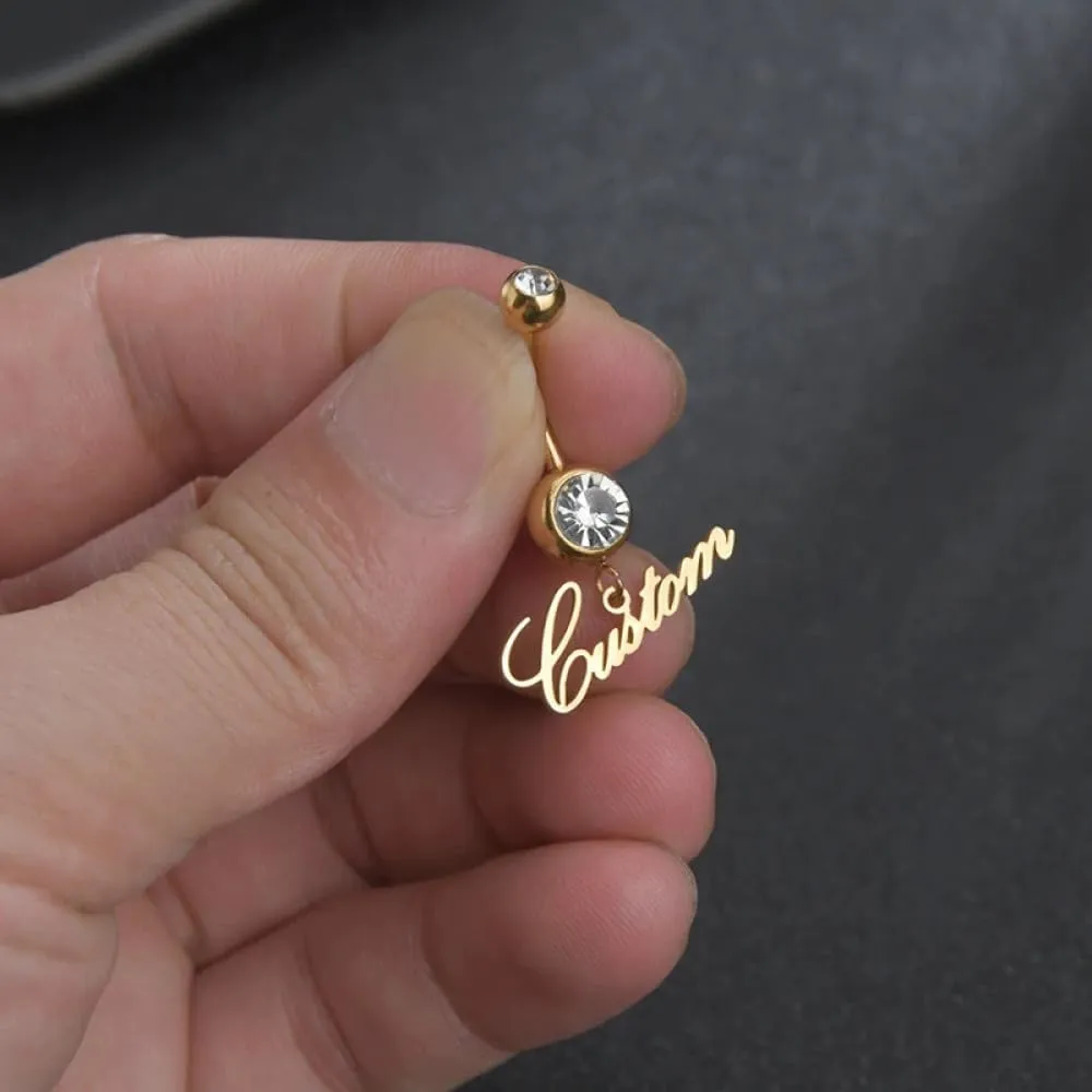 Custom Name Belly Button Ring, Personalized Women's Double Clear Gemstone Belly Button Nail with Name Pendant Charming Zircon Body Piercing Jewelry