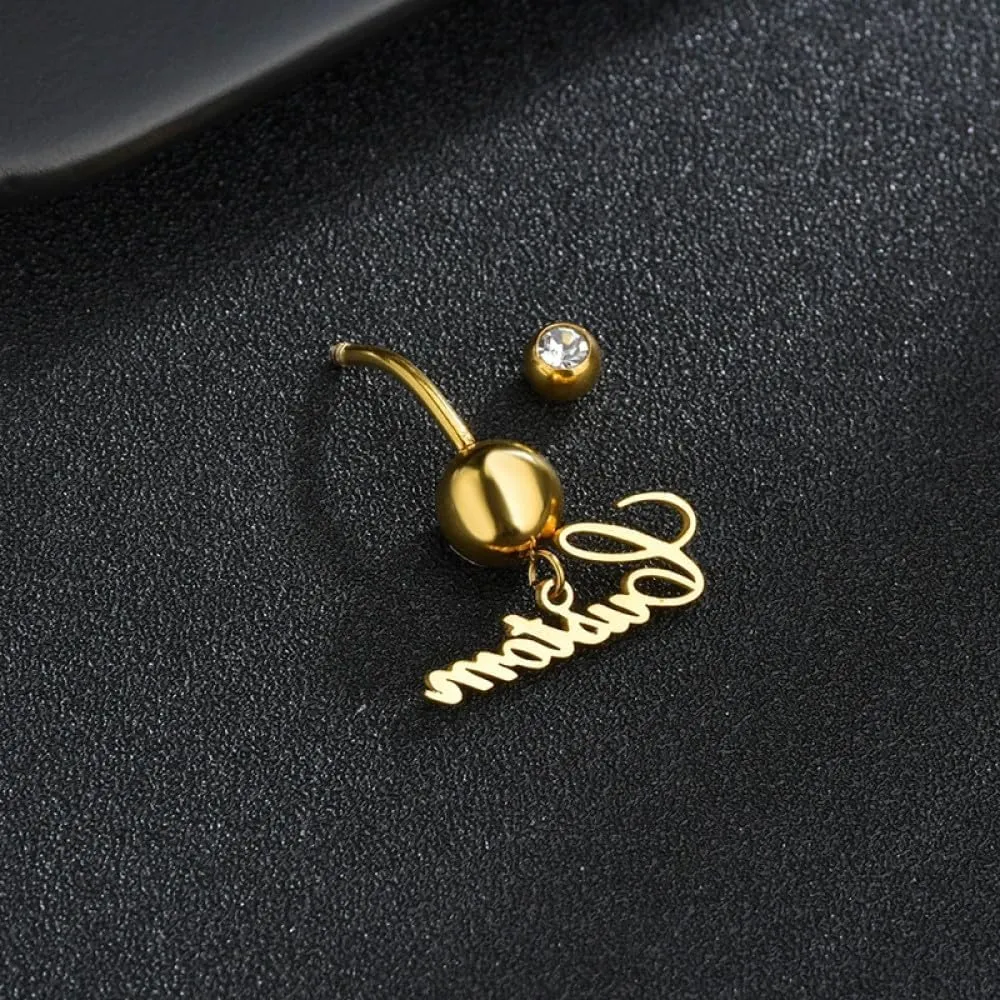 Custom Name Belly Button Ring, Personalized Women's Double Clear Gemstone Belly Button Nail with Name Pendant Charming Zircon Body Piercing Jewelry