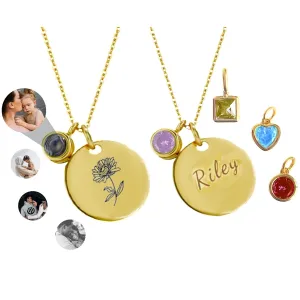 Custom Name Necklace, Name Engraved Necklace, Birth Flower Necklace, Birthstone Name Necklace, Custom Photo Projection Necklace With Picture Inside For Her Mom Sisters Friends Family For Women