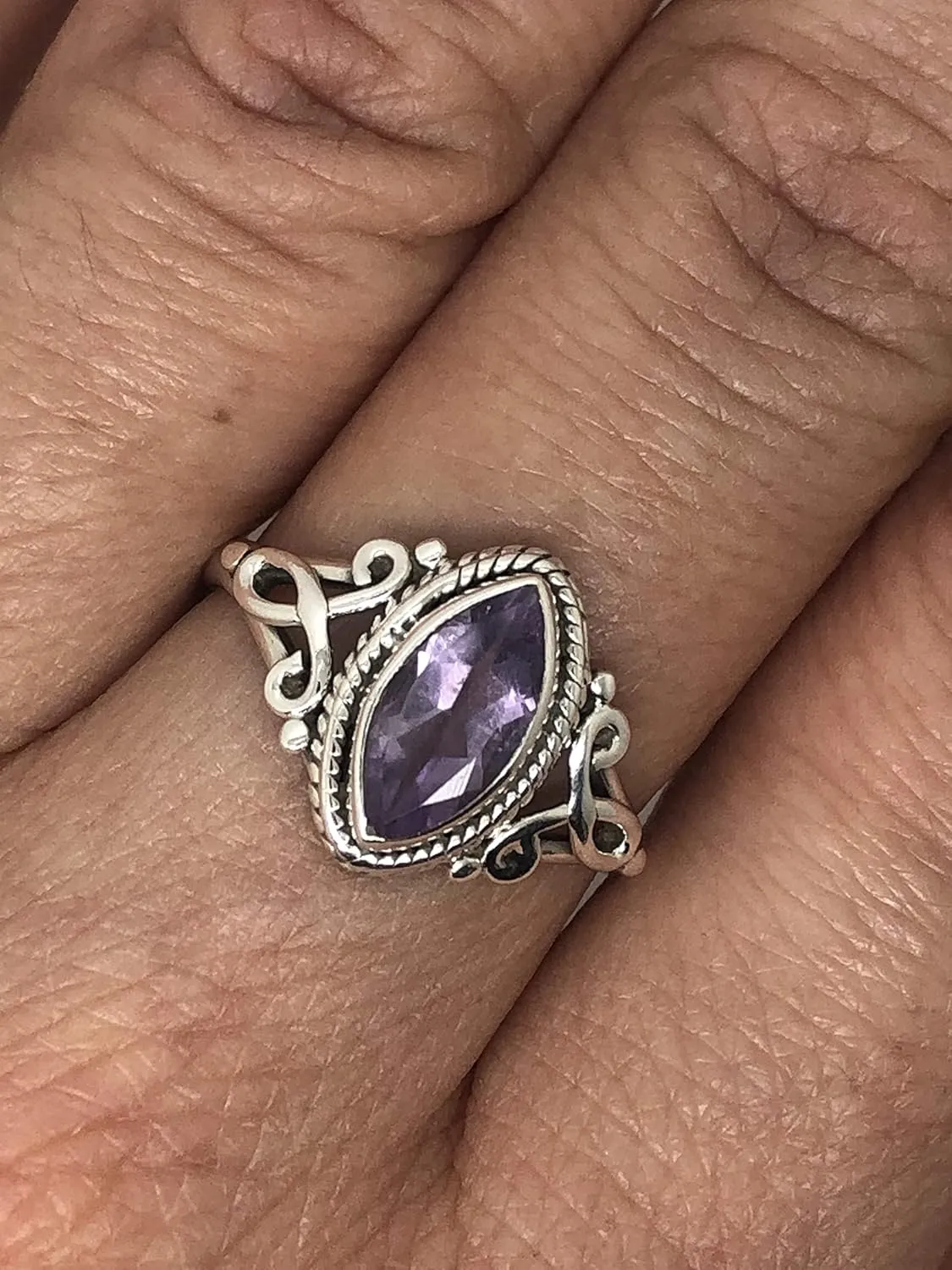 Cut Marquiz Amethyst Ethnic 925 Sterling Silver Ring - Delicate BOHO Chic Jewelry - Fashionable and Stylish for Women with Velvet Gift Bag - Made by Indian Artisans - Size 6-9