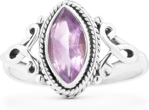 Cut Marquiz Amethyst Ethnic 925 Sterling Silver Ring - Delicate BOHO Chic Jewelry - Fashionable and Stylish for Women with Velvet Gift Bag - Made by Indian Artisans - Size 6-9
