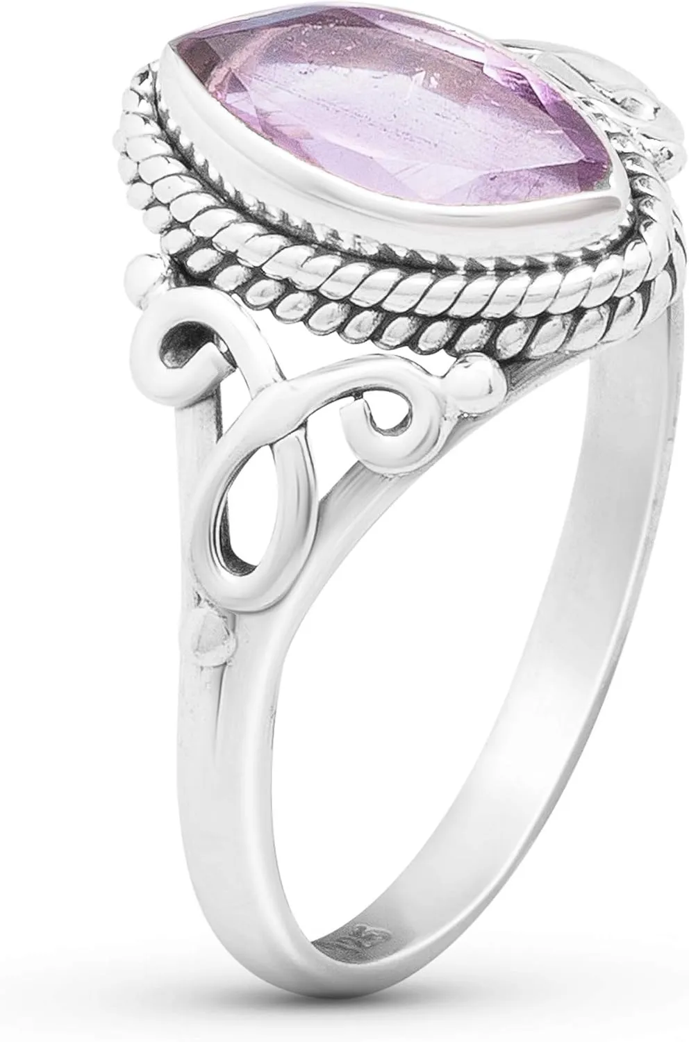 Cut Marquiz Amethyst Ethnic 925 Sterling Silver Ring - Delicate BOHO Chic Jewelry - Fashionable and Stylish for Women with Velvet Gift Bag - Made by Indian Artisans - Size 6-9