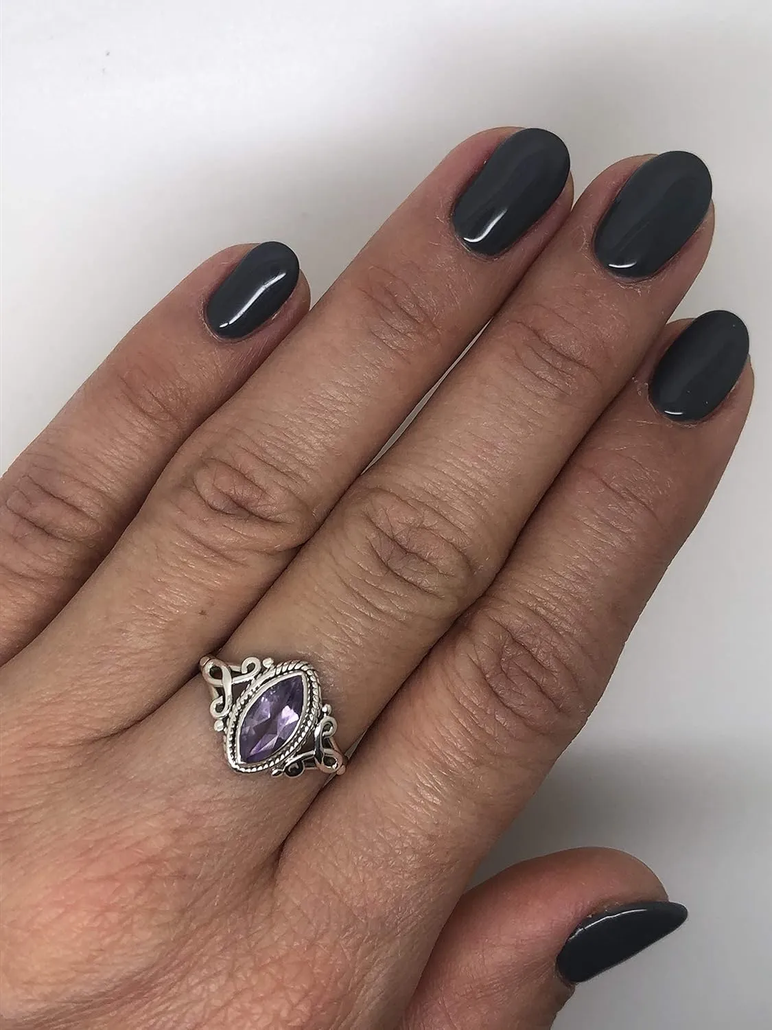 Cut Marquiz Amethyst Ethnic 925 Sterling Silver Ring - Delicate BOHO Chic Jewelry - Fashionable and Stylish for Women with Velvet Gift Bag - Made by Indian Artisans - Size 6-9