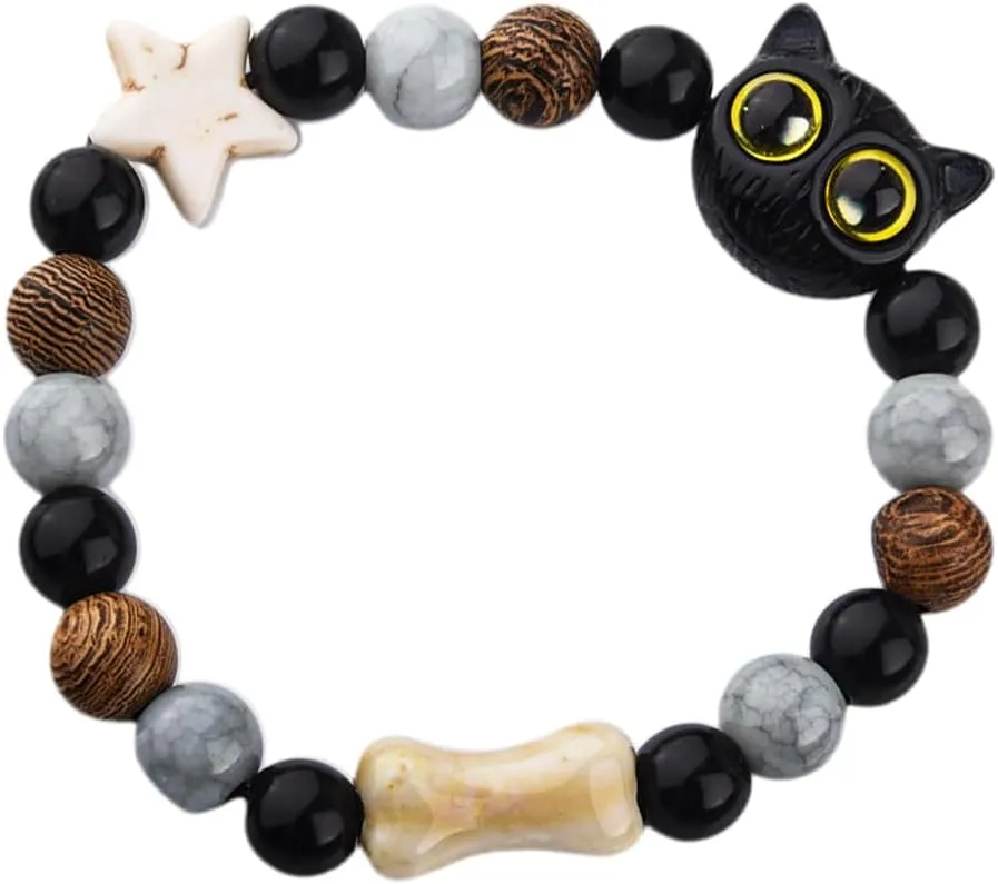 Cute Cat Bead Bracelet for Women Handmade Animal Stretch Bracelet for Men Ceramic Elastic Bracelets for Cat Lovers Birthday Gifts for Friends Bohemian Beaded Bracelet Gifts for Halloween Accessories