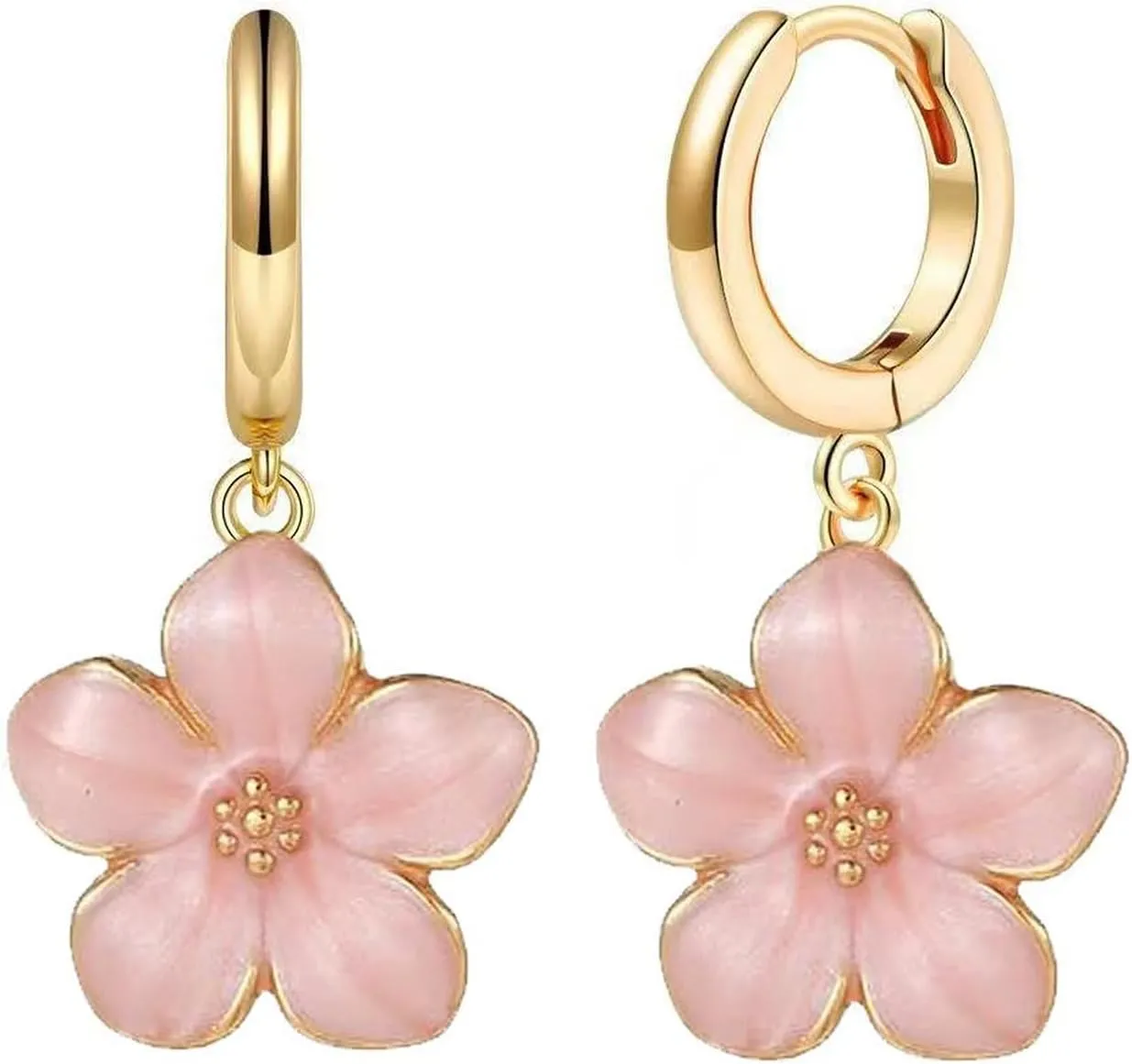 Cute Sakura Flower Hoop Earrings for Women, Sweet Stunning Enamel Cherry Blossom Drop Dangle Earrings Trendy 14K Gold Beauty Aesthetic Jewelry Gifts