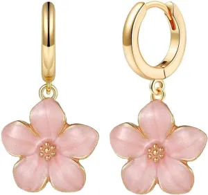 Cute Sakura Flower Hoop Earrings for Women, Sweet Stunning Enamel Cherry Blossom Drop Dangle Earrings Trendy 14K Gold Beauty Aesthetic Jewelry Gifts