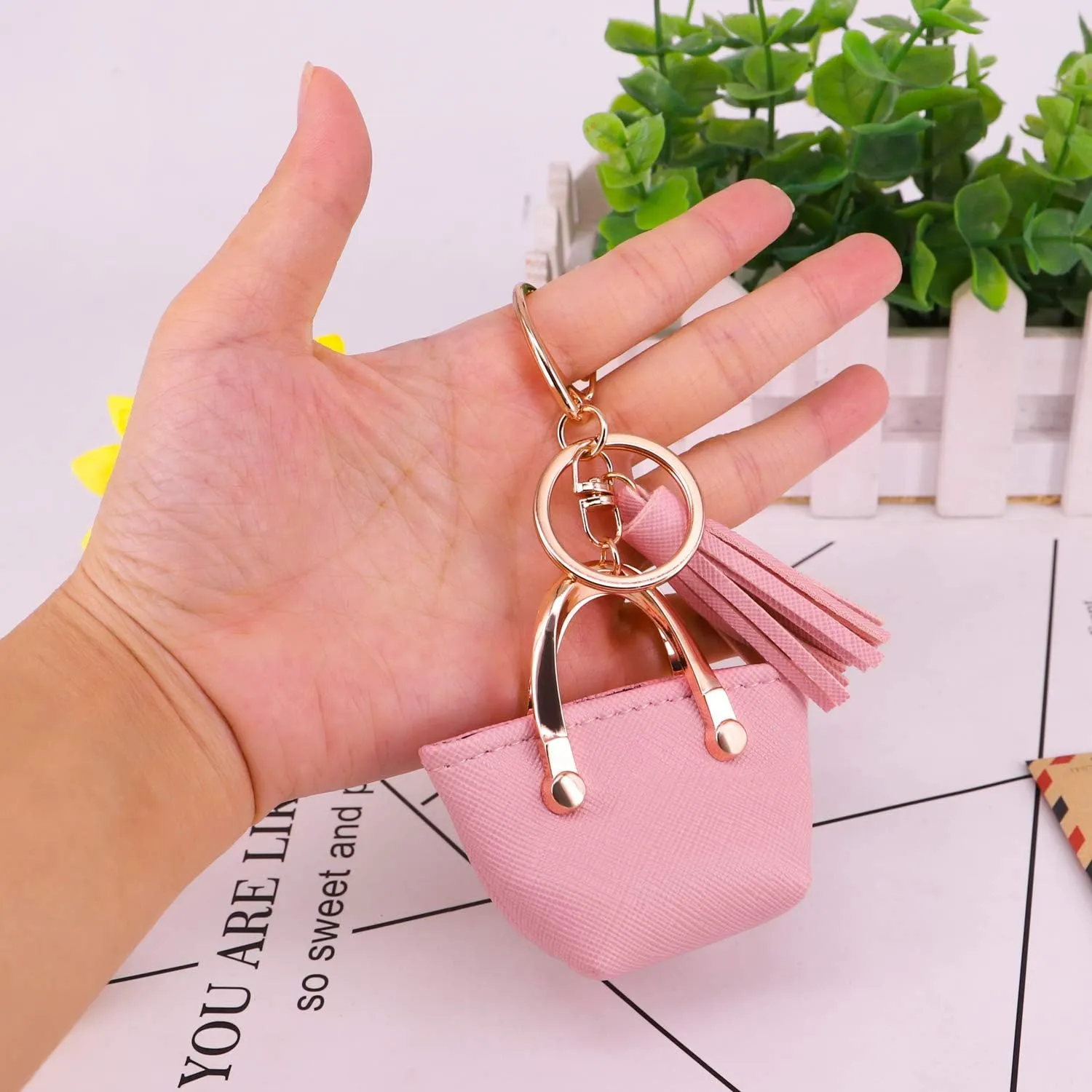 Cute Tote Bag Tassels Keychain Mini Coin Purse Key Chain Keyring for Women Mom Purse Handbag Decor