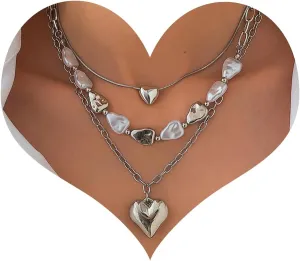 Dainty Gold Heart Pendant Necklace for Women, 14K Gold Plated Multilayer Chunky Puffy Heart Pearl Chain Necklace Set Statement Trendy Stackable Y2k Jewelry Accessories