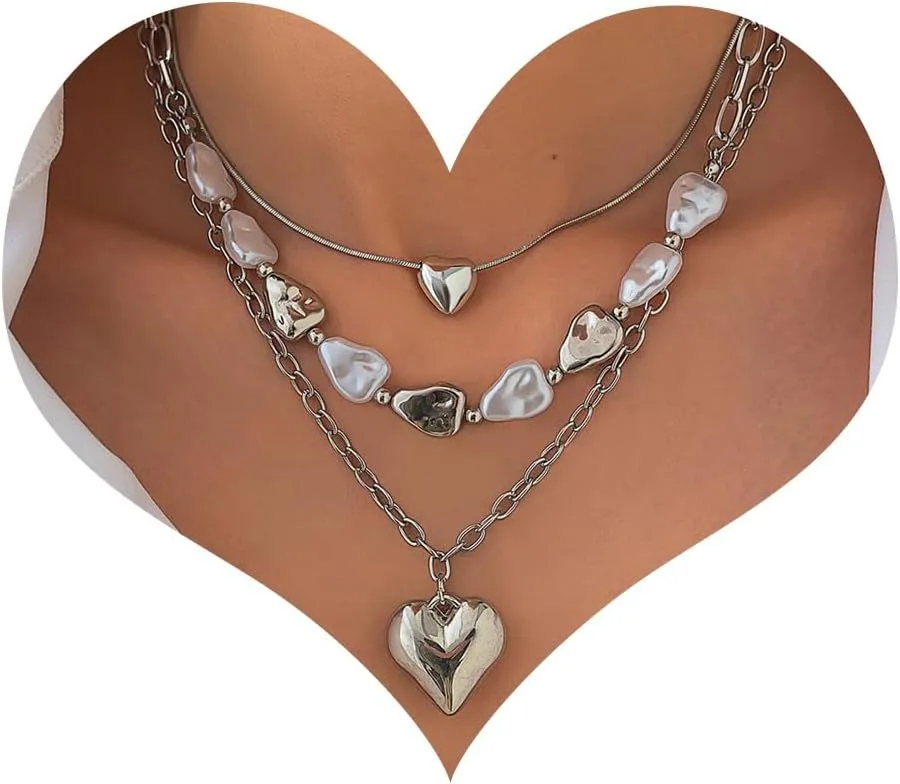 Dainty Gold Heart Pendant Necklace for Women, 14K Gold Plated Multilayer Chunky Puffy Heart Pearl Chain Necklace Set Statement Trendy Stackable Y2k Jewelry Accessories