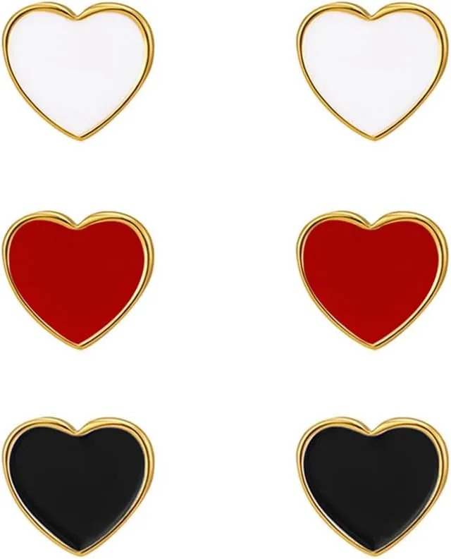 Dainty Heart Chunky Statement Stud Earrings for Women Cute Gold Plated Red Black White Enamel Hearted Shaped Hypoallergenic Studs Fashion Trendy Jewelry Gift 3 Pairs Set