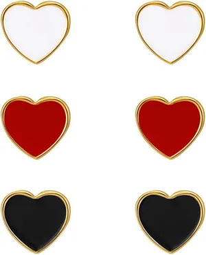 Dainty Heart Chunky Statement Stud Earrings for Women Cute Gold Plated Red Black White Enamel Hearted Shaped Hypoallergenic Studs Fashion Trendy Jewelry Gift 3 Pairs Set