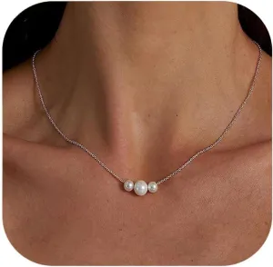 Dainty Pearl Necklace for Women 14K Gold Plated Adjustable Layered Freshwater Pearl Pendant Necklace Delicate Minimalist Everyday Jewelry
