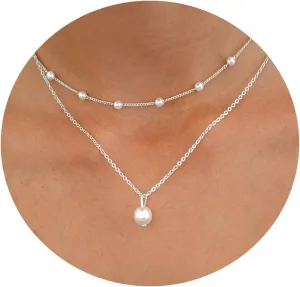 Dainty Pearl Necklaces for Women 14K Gold Plated Layered Pearl Necklace Simple Pearl Choker Necklace Jewelry Gift