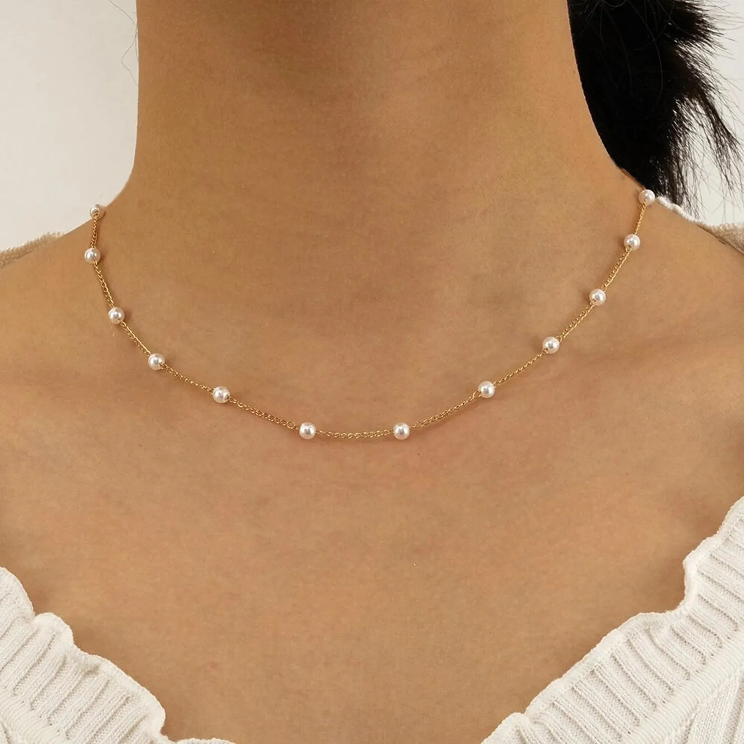 Dainty Pearl Necklaces for Women 14K Gold Plated Layered Pearl Necklace Simple Pearl Choker Necklace Jewelry Gift