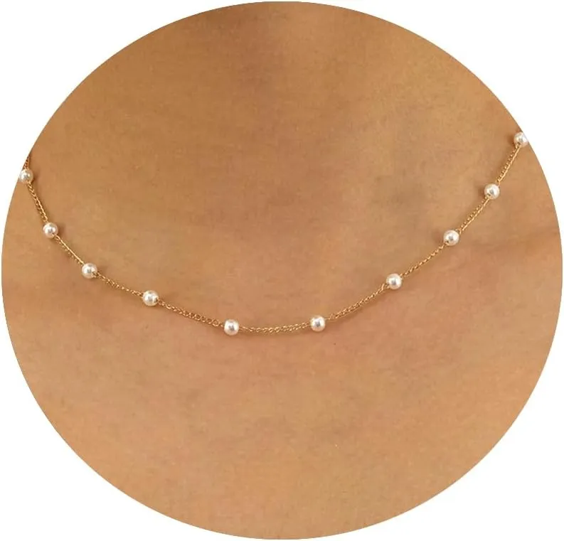 Dainty Pearl Necklaces for Women 14K Gold Plated Layered Pearl Necklace Simple Pearl Choker Necklace Jewelry Gift