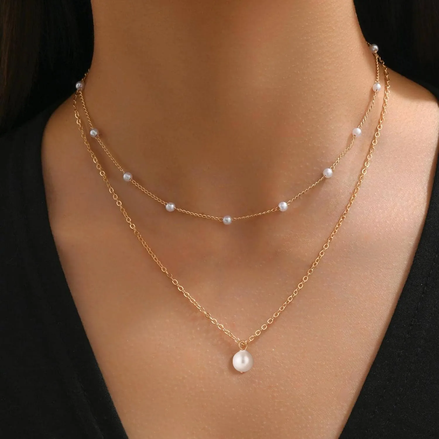 Dainty Pearl Necklaces for Women 14K Gold Plated Layered Pearl Necklace Simple Pearl Choker Necklace Jewelry Gift
