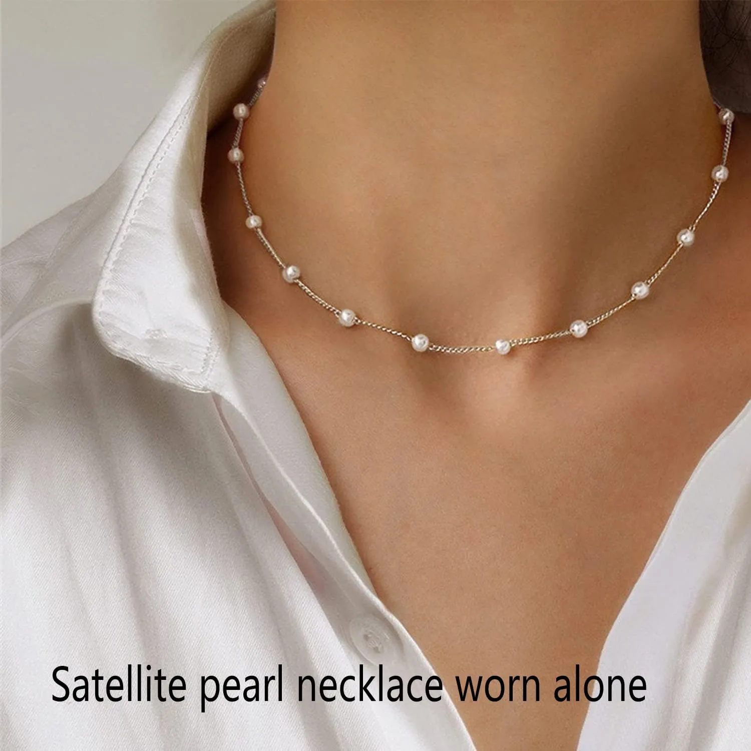 Dainty Pearl Necklaces for Women 14K Gold Plated Layered Pearl Necklace Simple Pearl Choker Necklace Jewelry Gift