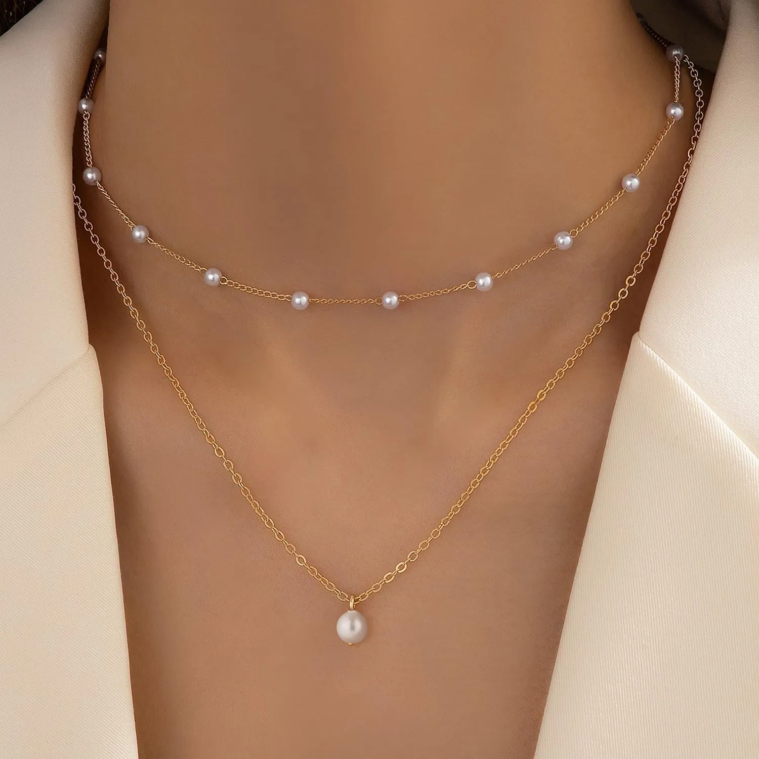 Dainty Pearl Necklaces for Women 14K Gold Plated Layered Pearl Necklace Simple Pearl Choker Necklace Jewelry Gift