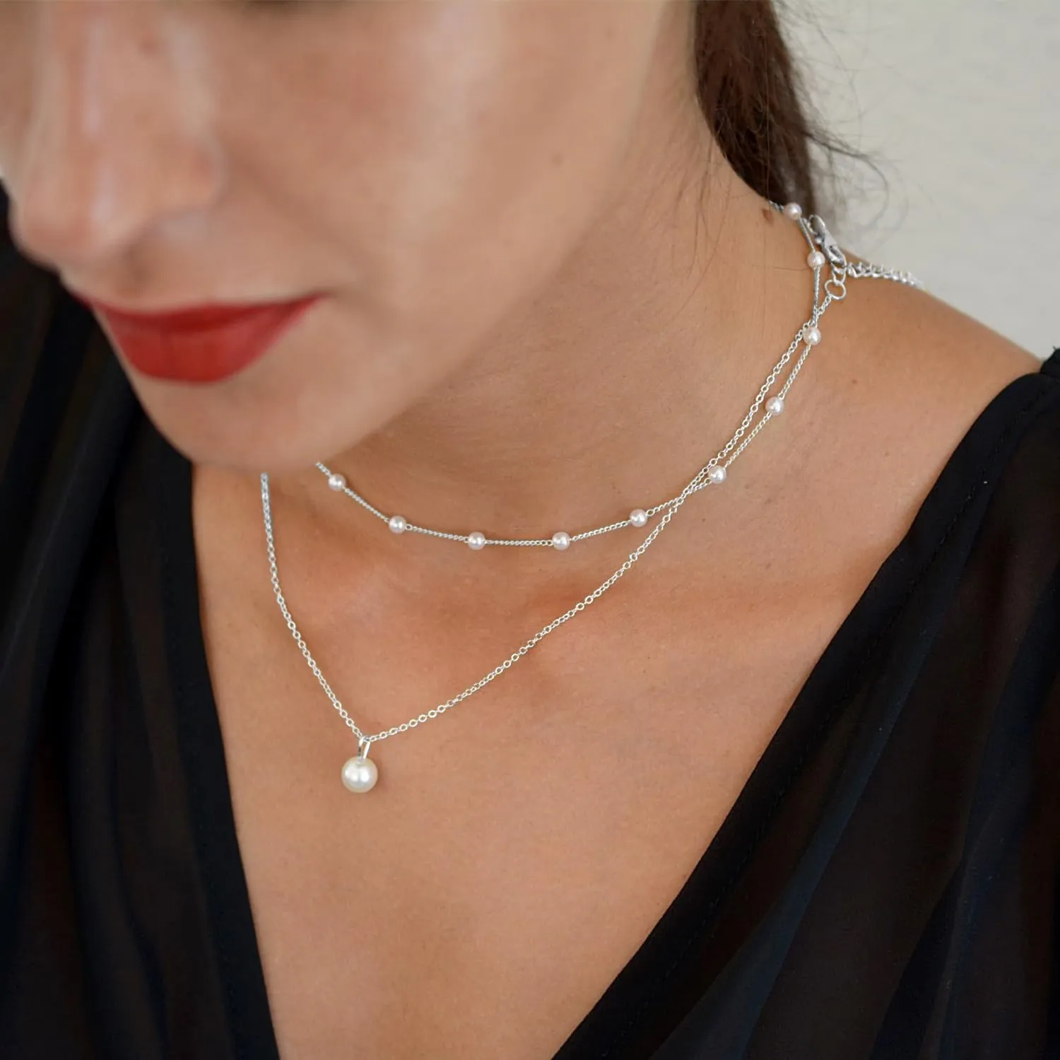 Dainty Pearl Necklaces for Women 14K Gold Plated Layered Pearl Necklace Simple Pearl Choker Necklace Jewelry Gift