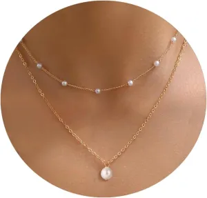 Dainty Pearl Necklaces for Women 14K Gold Plated Layered Pearl Necklace Simple Pearl Choker Necklace Jewelry Gift