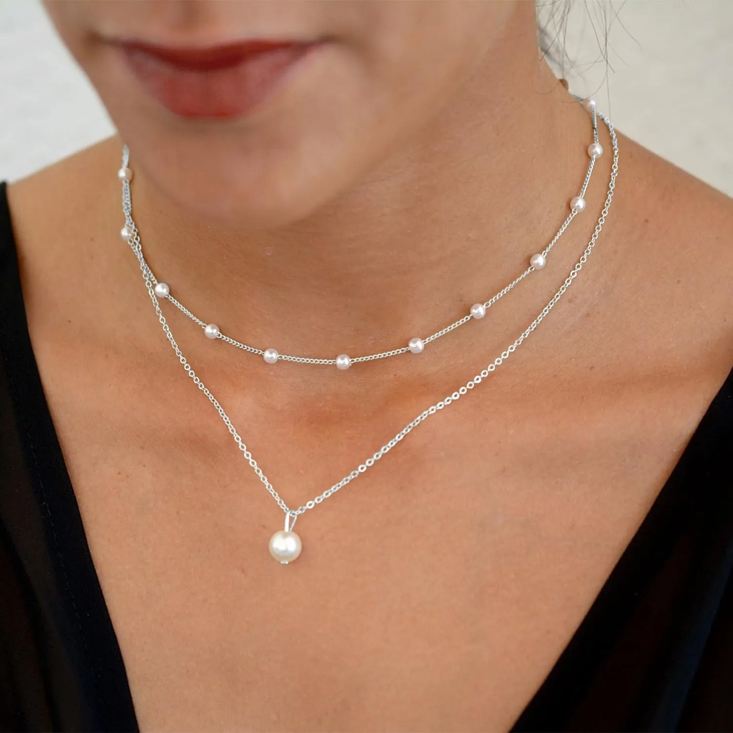 Dainty Pearl Necklaces for Women 14K Gold Plated Layered Pearl Necklace Simple Pearl Choker Necklace Jewelry Gift