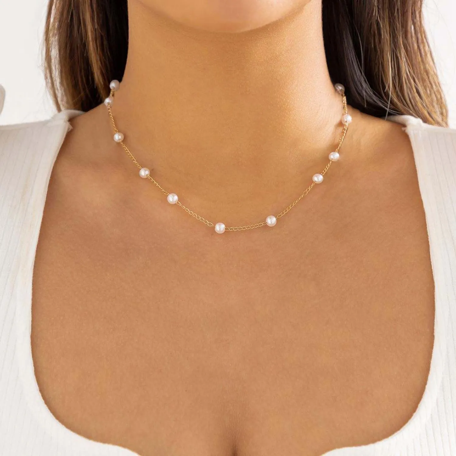 Dainty Pearl Necklaces for Women 14K Gold Plated Layered Pearl Necklace Simple Pearl Choker Necklace Jewelry Gift