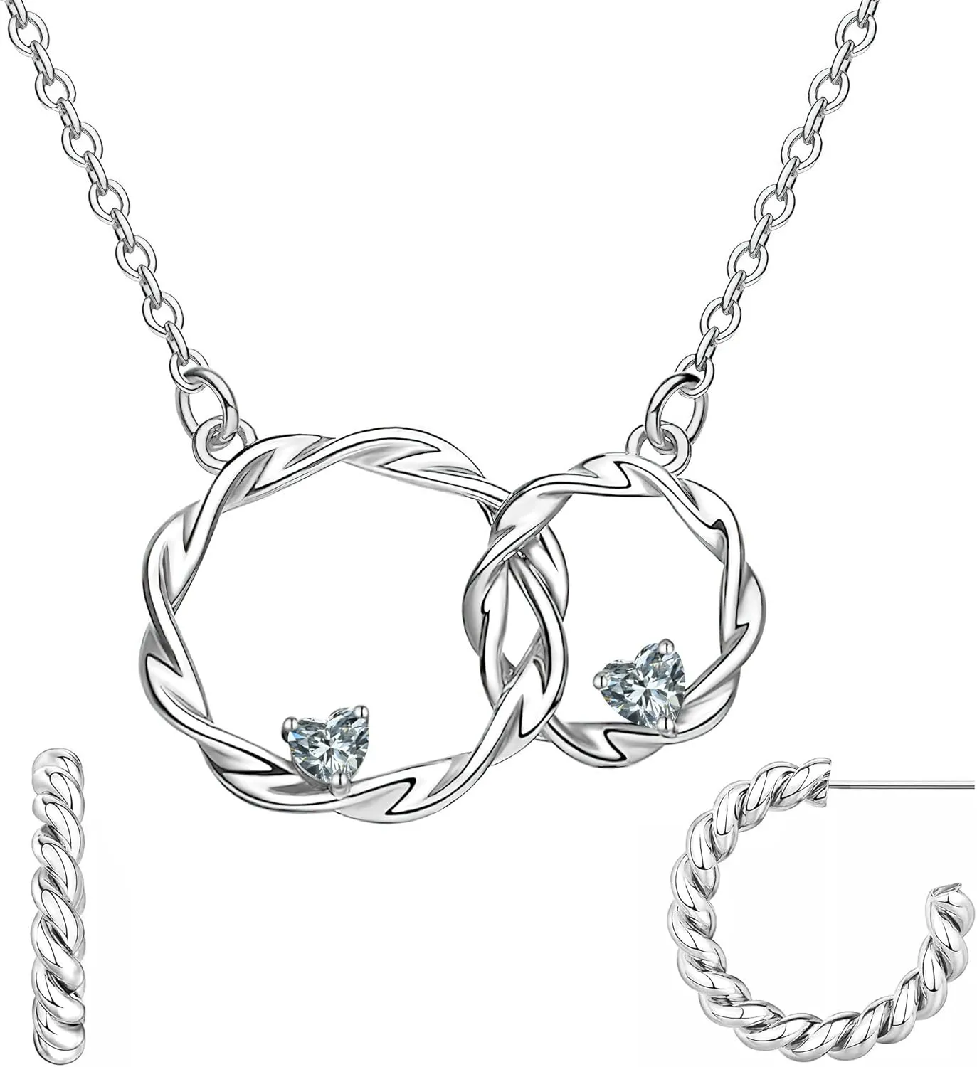 Dainty Sterling Silver Necklace for Women, Interlocking Circles Pendant Necklace and C-Shaped Earrings, Non-Tarnish Silver Chain Choker Necklace Hypoallergenic Sister Necklaces
