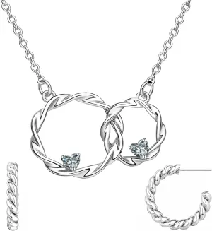 Dainty Sterling Silver Necklace for Women, Interlocking Circles Pendant Necklace and C-Shaped Earrings, Non-Tarnish Silver Chain Choker Necklace Hypoallergenic Sister Necklaces