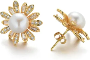 Daisy Flower Pearl Stud Earrings  18K Gold Plated Sterling Silver, CZ & Freshwater Pearl, Hypoallergenic, Elegant Gift for Women