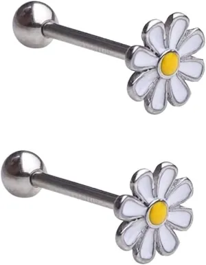 Daisy Flower Tongue Rings 316L Surgical Stainless Steel Floral Screw Back Ball Body Piercing Barbell Helix Studs Cute 5/8" Bar Length Jewelry Gifts for Women Men Unisex 14G