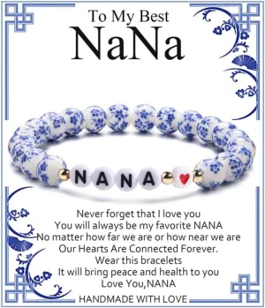 DATOA Bohemian Blue And White Porcelain Beads Bracelet For Mom Daughter, Chinoiserie Bracelets Mothers Day Gifts, Bohemian Vintage Floral Bracelet