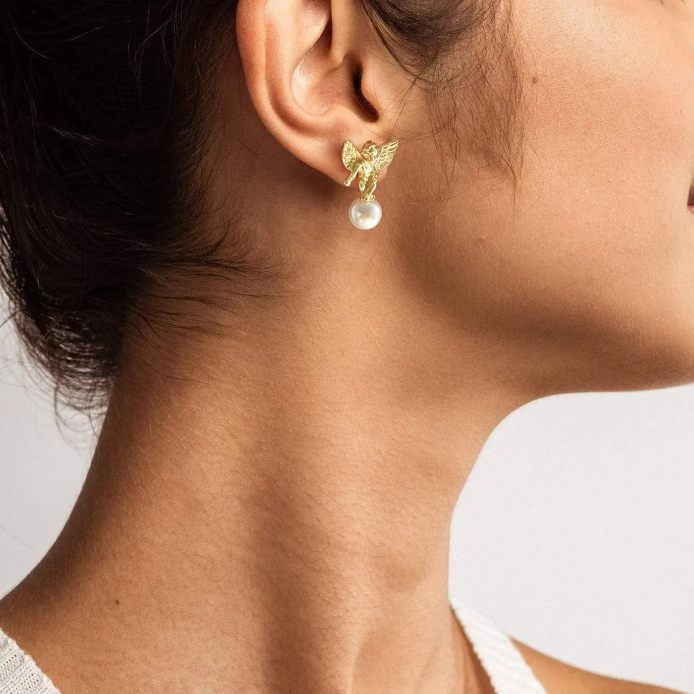 DAUMIER Dainty Pearls & Cute Cherub Angel Gold Stud Earrings for Women