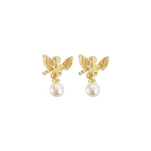 DAUMIER Dainty Pearls & Cute Cherub Angel Gold Stud Earrings for Women