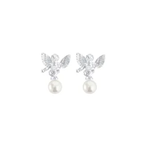 DAUMIER Dainty Pearls & Cute Cherub Angel Silver Stud Earrings for Women