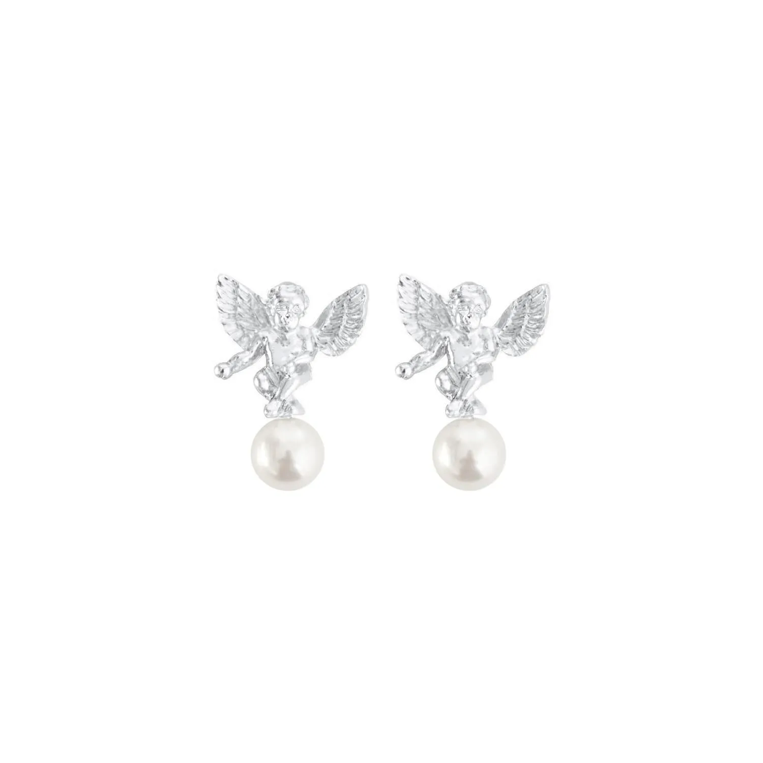 DAUMIER Dainty Pearls & Cute Cherub Angel Silver Stud Earrings for Women