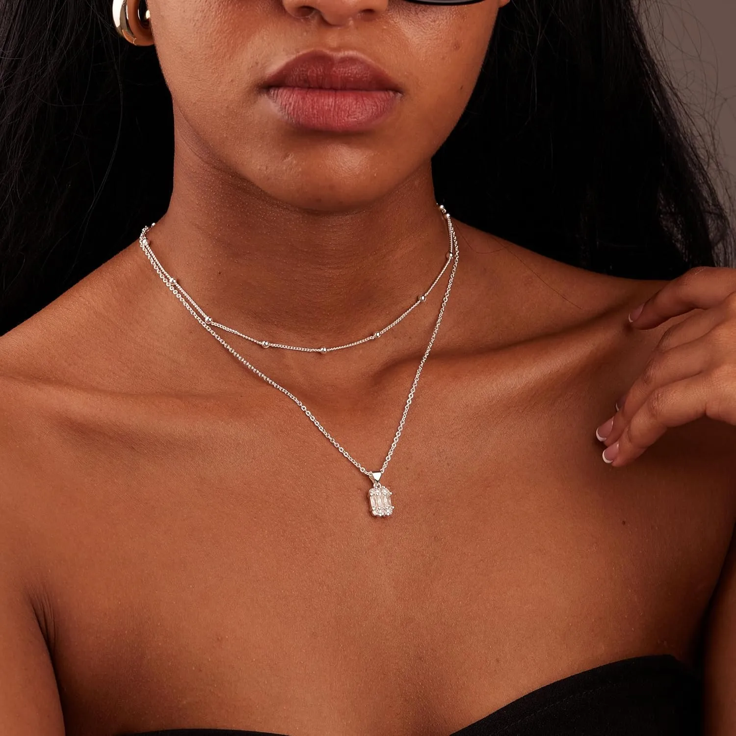 Diamond Necklaces for Women Non Tarnish, Dainty 14K Gold Stack Silver Choker Chain Double Pendant Diamond Necklace, Layered Trendy Simple Prom CZ Jewelry Sets Gifts for Women