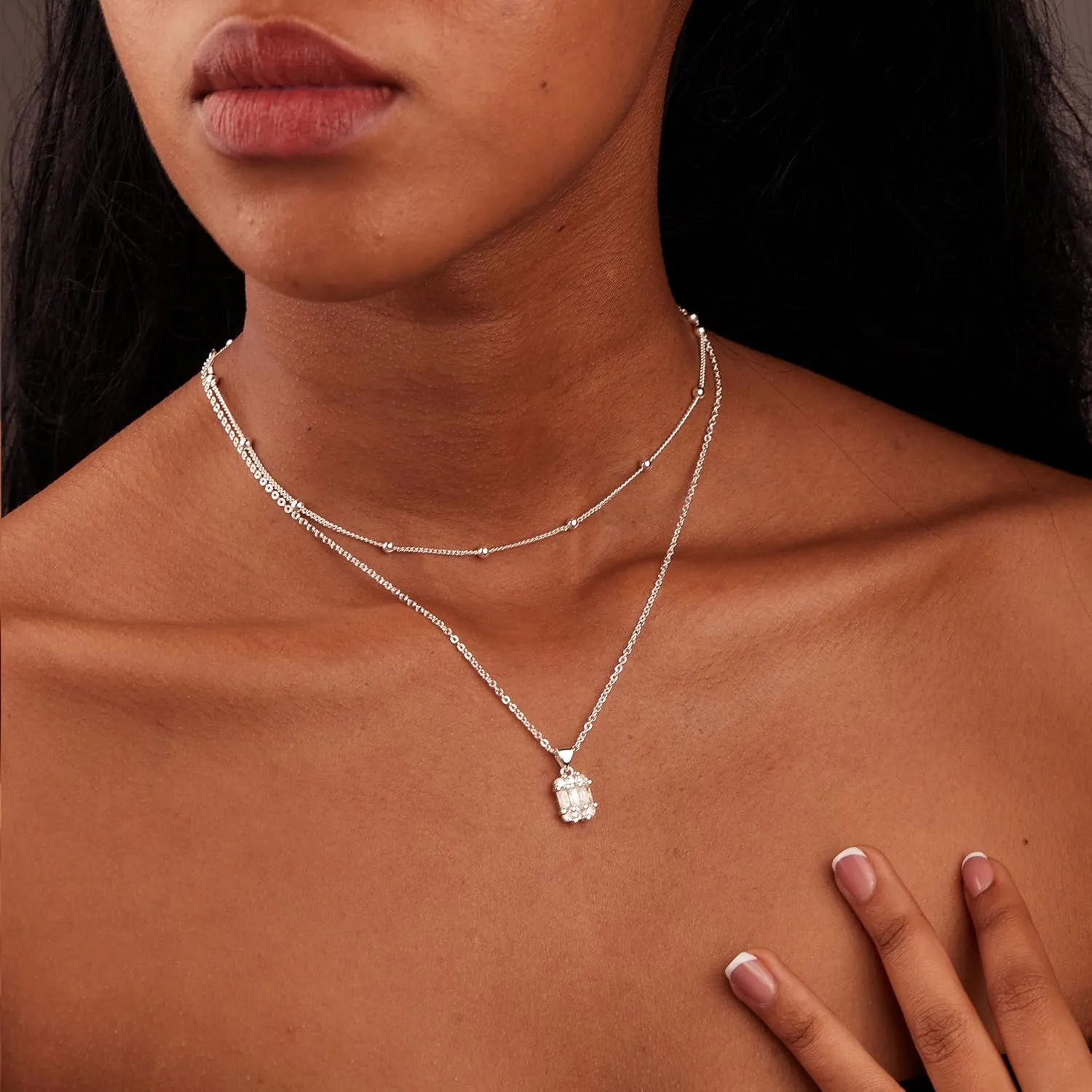 Diamond Necklaces for Women Non Tarnish, Dainty 14K Gold Stack Silver Choker Chain Double Pendant Diamond Necklace, Layered Trendy Simple Prom CZ Jewelry Sets Gifts for Women