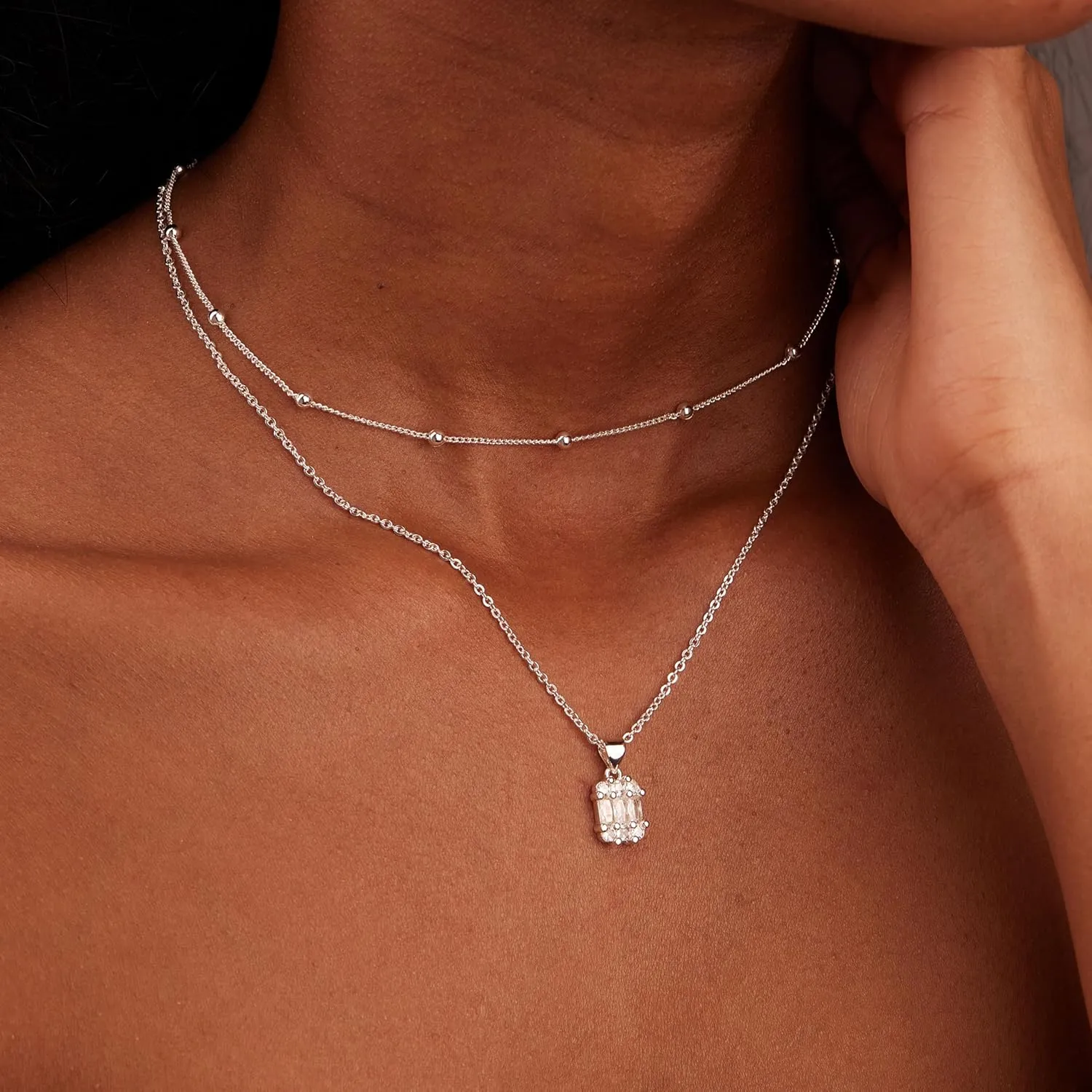 Diamond Necklaces for Women Non Tarnish, Dainty 14K Gold Stack Silver Choker Chain Double Pendant Diamond Necklace, Layered Trendy Simple Prom CZ Jewelry Sets Gifts for Women