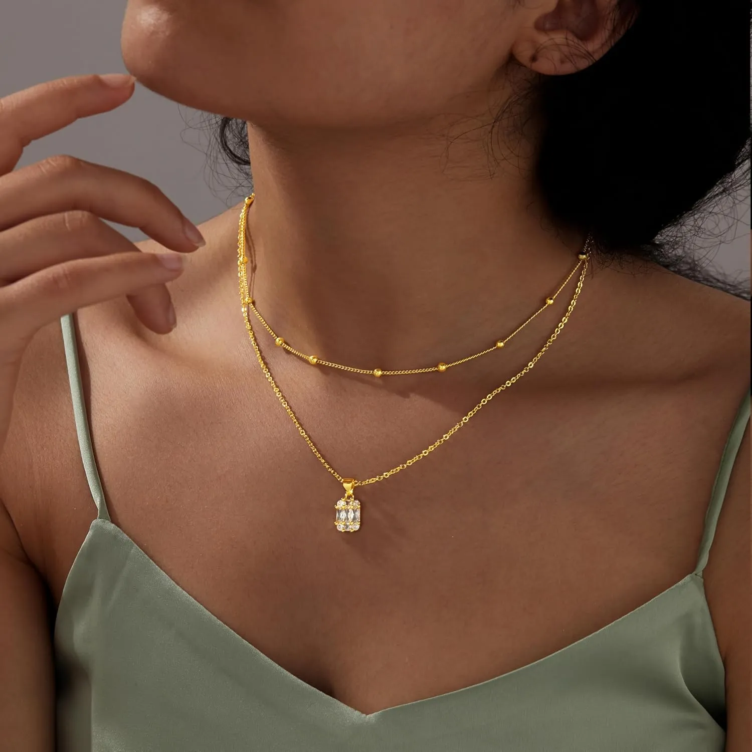 Diamond Necklaces for Women Non Tarnish, Dainty 14K Gold Stack Silver Choker Chain Double Pendant Diamond Necklace, Layered Trendy Simple Prom CZ Jewelry Sets Gifts for Women