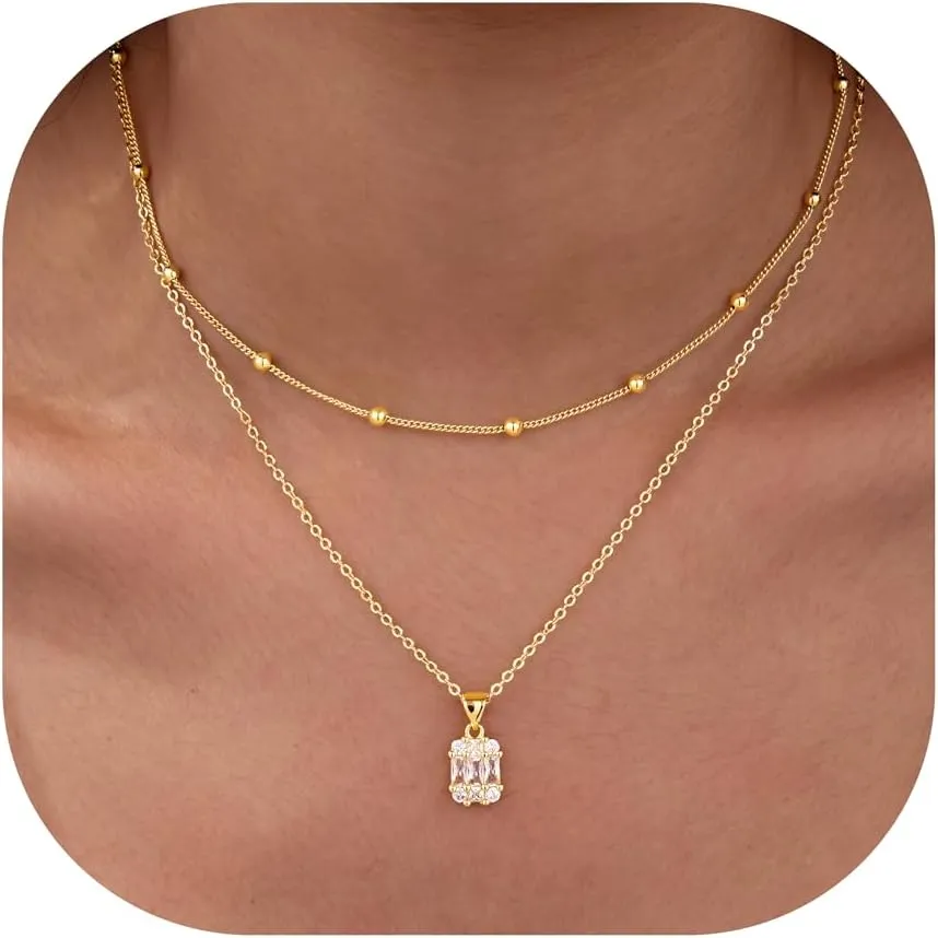 Diamond Necklaces for Women Non Tarnish, Dainty 14K Gold Stack Silver Choker Chain Double Pendant Diamond Necklace, Layered Trendy Simple Prom CZ Jewelry Sets Gifts for Women
