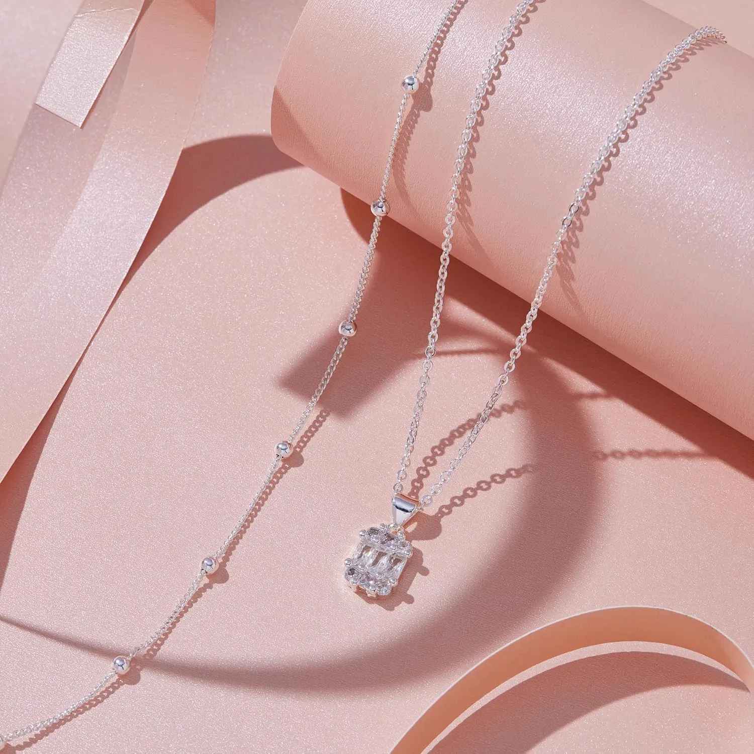 Diamond Necklaces for Women Non Tarnish, Dainty 14K Gold Stack Silver Choker Chain Double Pendant Diamond Necklace, Layered Trendy Simple Prom CZ Jewelry Sets Gifts for Women