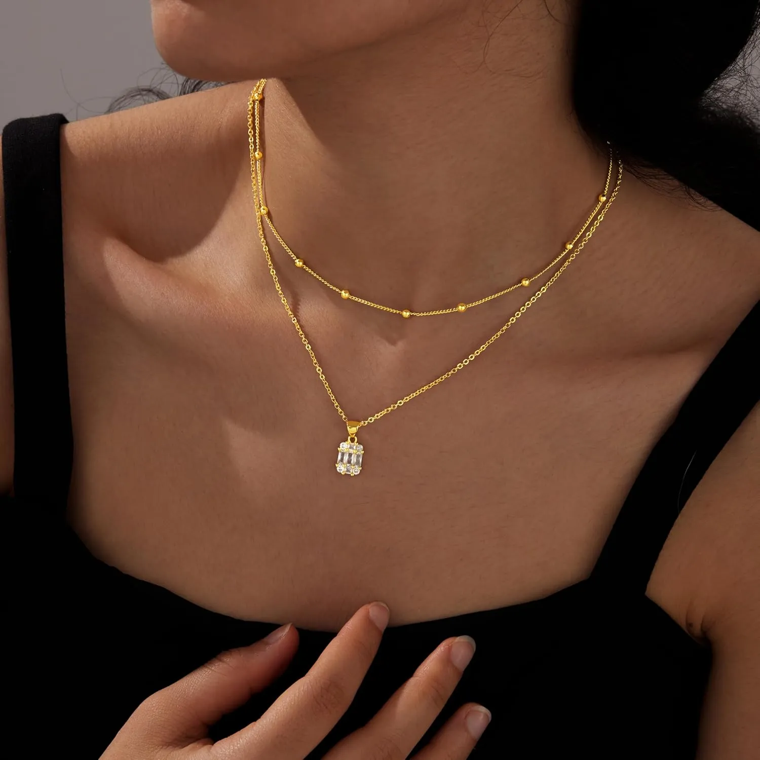 Diamond Necklaces for Women Non Tarnish, Dainty 14K Gold Stack Silver Choker Chain Double Pendant Diamond Necklace, Layered Trendy Simple Prom CZ Jewelry Sets Gifts for Women