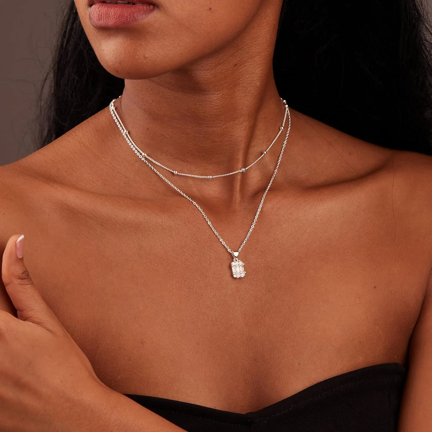 Diamond Necklaces for Women Non Tarnish, Dainty 14K Gold Stack Silver Choker Chain Double Pendant Diamond Necklace, Layered Trendy Simple Prom CZ Jewelry Sets Gifts for Women