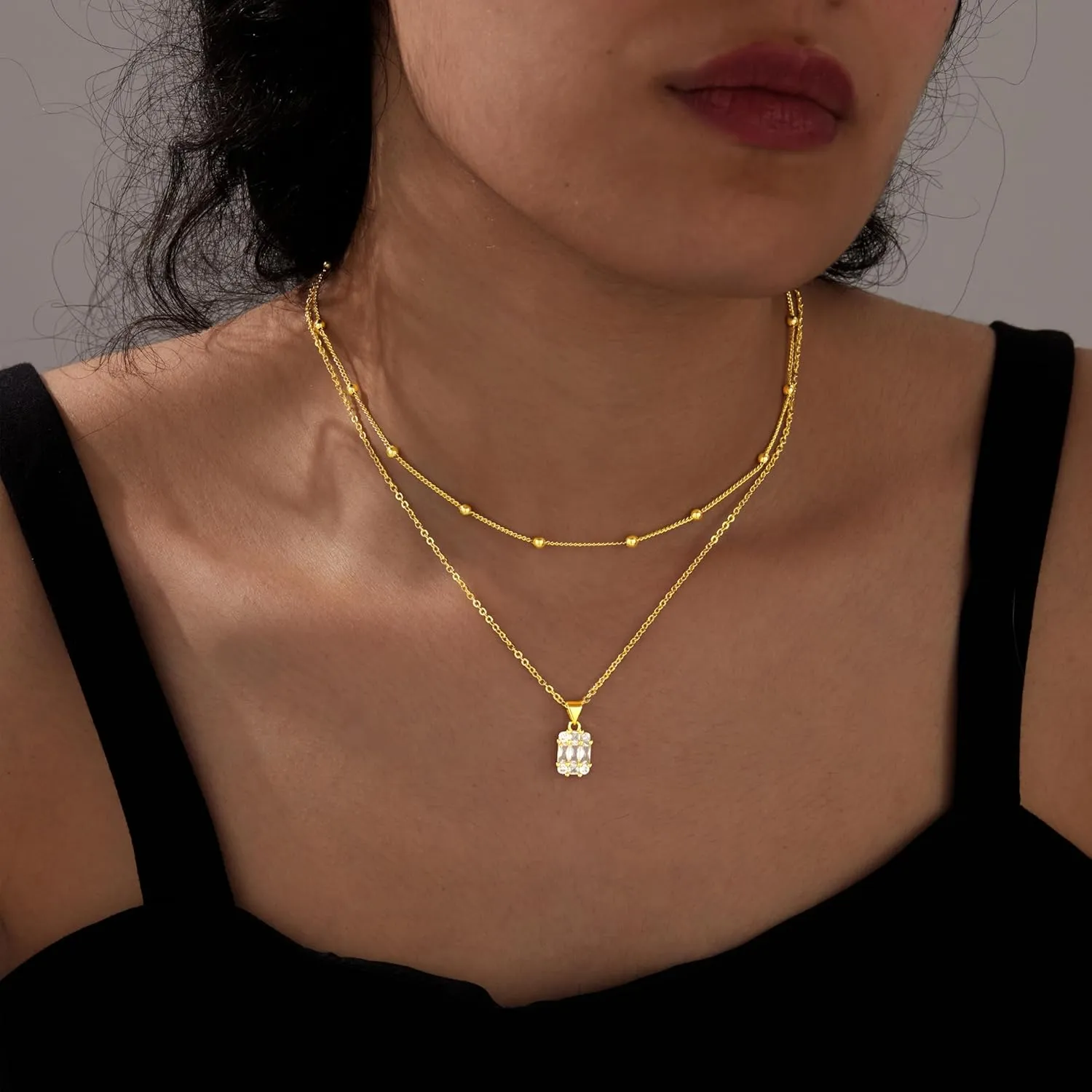 Diamond Necklaces for Women Non Tarnish, Dainty 14K Gold Stack Silver Choker Chain Double Pendant Diamond Necklace, Layered Trendy Simple Prom CZ Jewelry Sets Gifts for Women