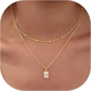Diamond Necklaces for Women Non Tarnish, Dainty 14K Gold Stack Silver Choker Chain Double Pendant Diamond Necklace, Layered Trendy Simple Prom CZ Jewelry Sets Gifts for Women