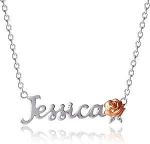 Disney Beauty and the Beast Belle Rose Personalized Necklace - Sterling Silver Name Necklace - Personalized Necklaces for Women - Custom Name Necklace