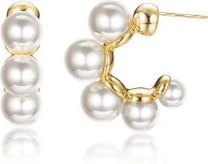 Dochais Pearl Hoop Earrings for Women, 14K Gold Plated Pearl Drop Earrings 925 Sterling Silver Gold Pearl Hoops Earrings Trendy Lightweight Hypoallergenic Pearl Earrings Jewelry