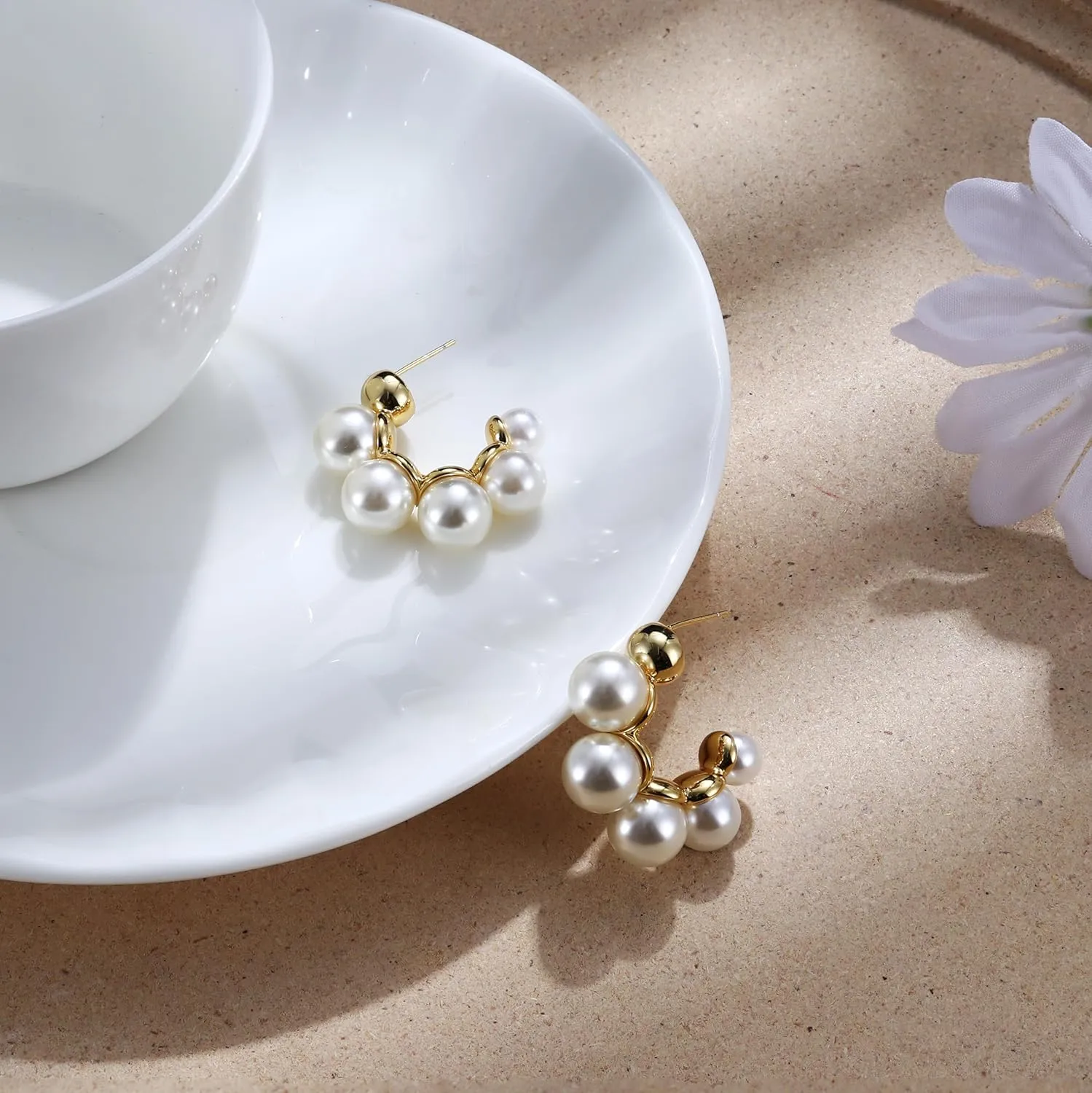 Dochais Pearl Hoop Earrings for Women, 14K Gold Plated Pearl Drop Earrings 925 Sterling Silver Gold Pearl Hoops Earrings Trendy Lightweight Hypoallergenic Pearl Earrings Jewelry