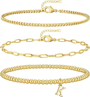 doubgood Gold Bracelets for Women, Dainty Initial Bracelet with A-Z Letter Charm Stackable Jewelry Sets for Mother's Day Valentines Gifts